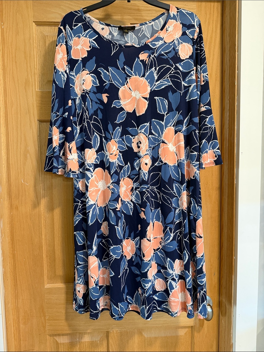 Espresso Navy Midi Dress with Peach Floral Print